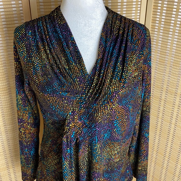 🔷Rafaella Geometric Multi-Colored V-Neck Pleated Dotted Stretch Long Sleeve - Picture 2 of 4